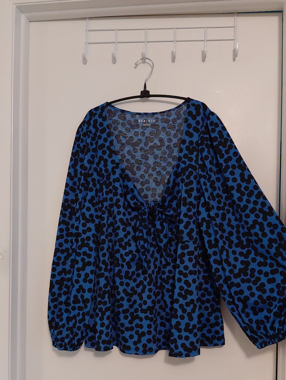 Ava & Viv Blue & Black Polka Tie-Front Blouse, Size 2X